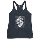 Navy tank top with white text design on a white background