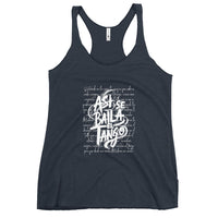 Navy tank top with white text design on a white background