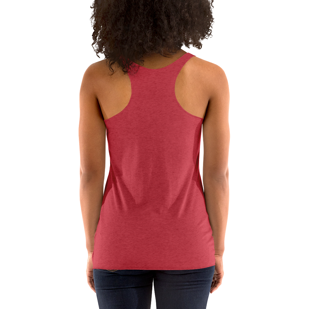 Person wearing a red tank top on a white background