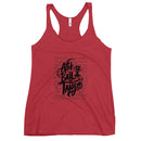 Red tank top with black graphic and text on a white background