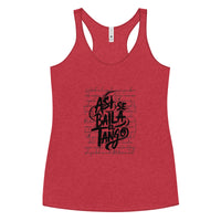 Red tank top with black text on a white background