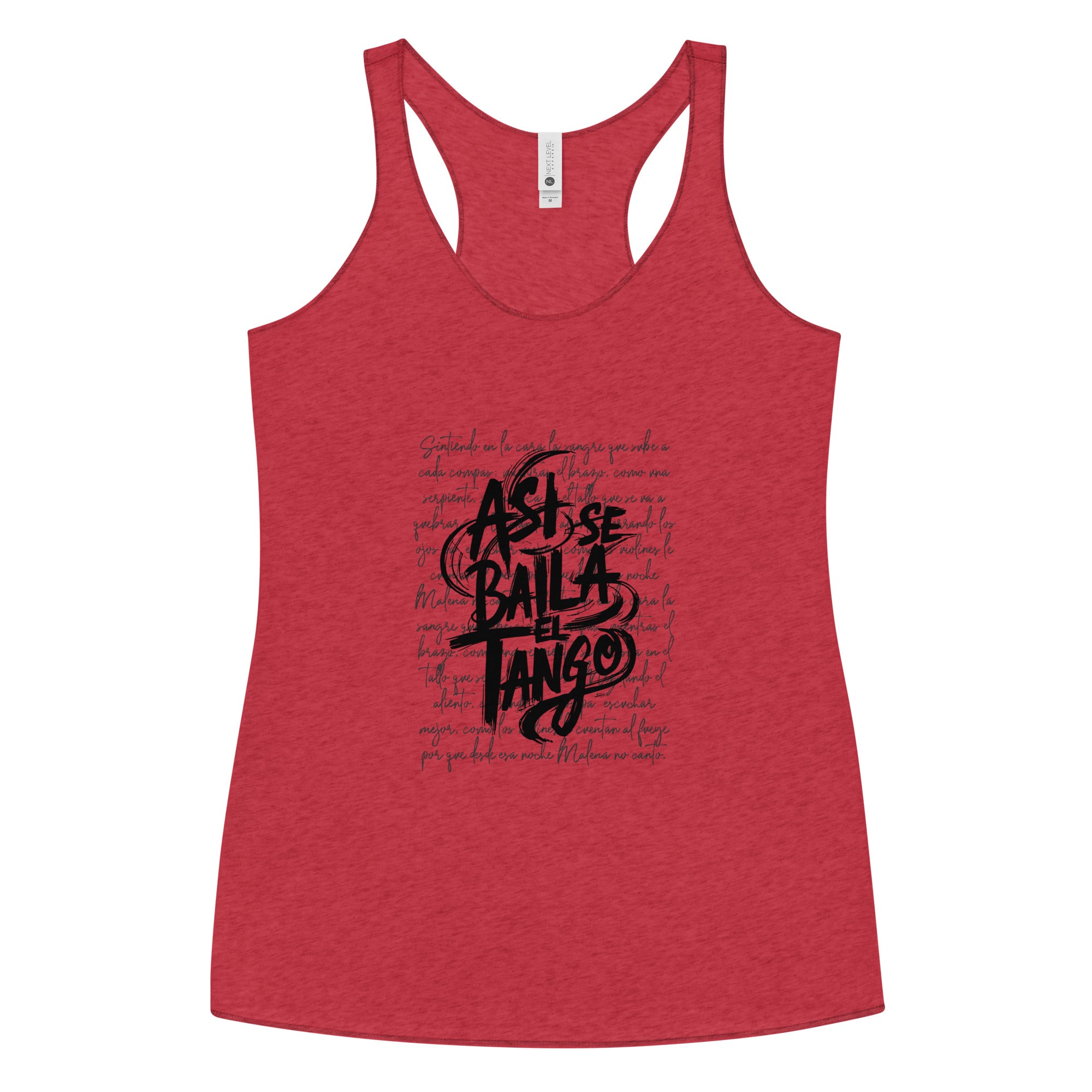 Red tank top with black text on a white background