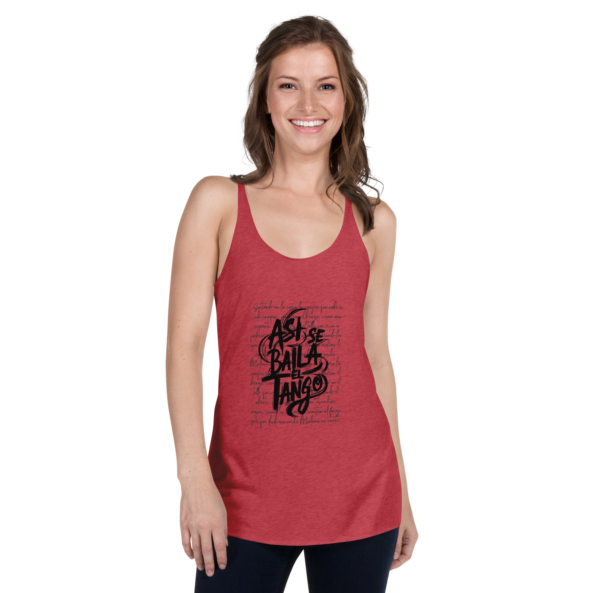 Woman wearing a red tank top with black text on a white background