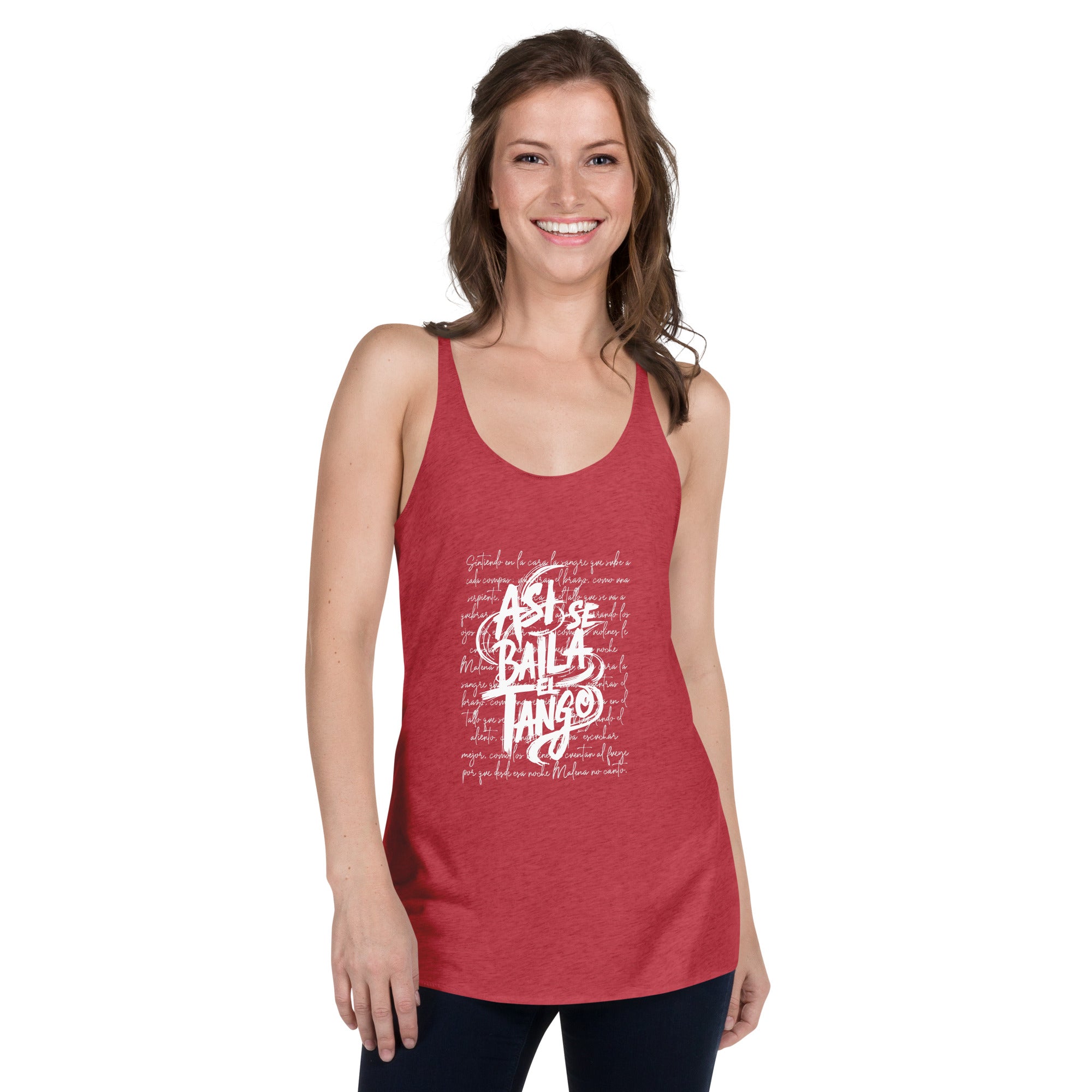 Woman wearing a red tank top with white text on a white background