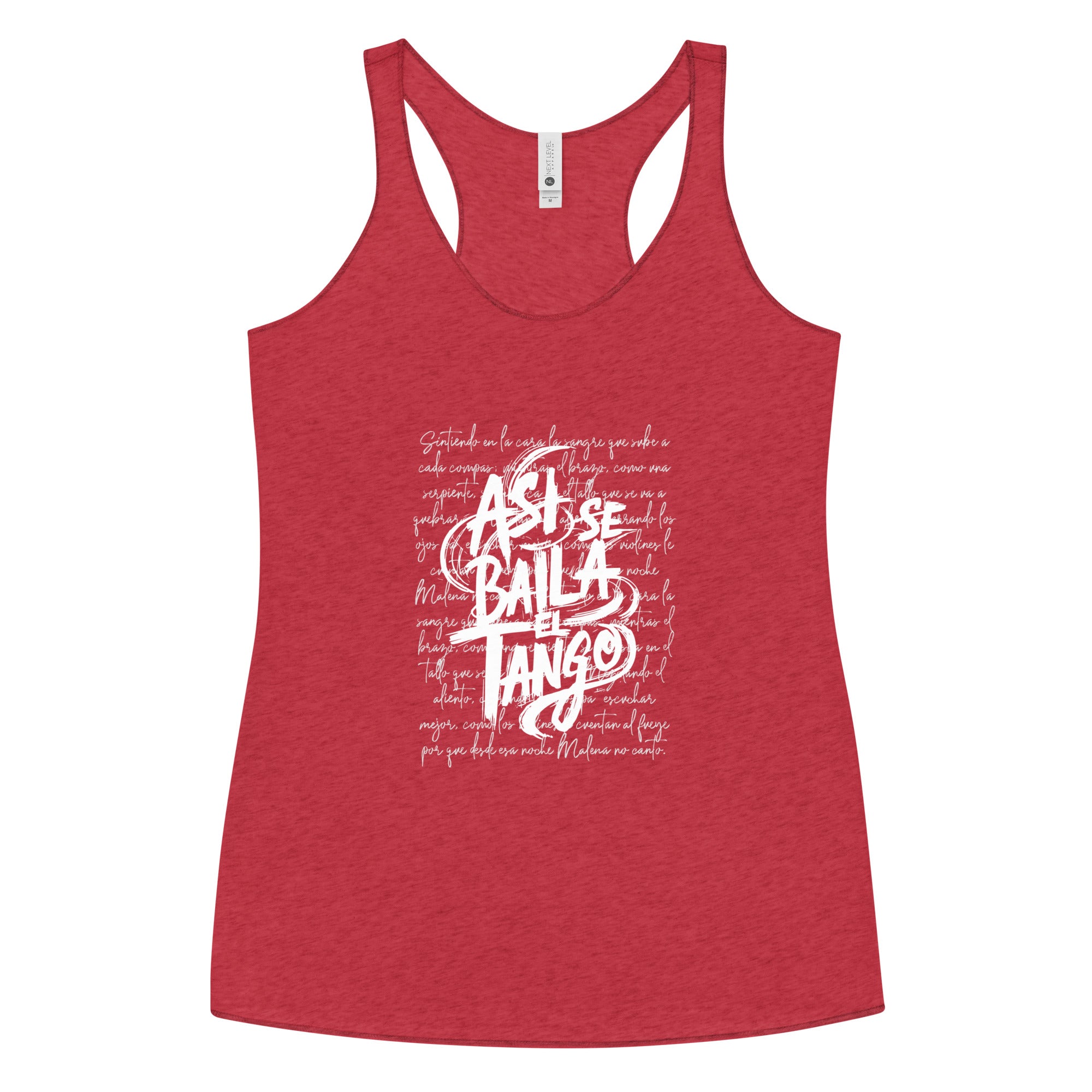 Red tank top with white text on a white background