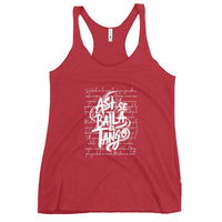 Red tank top with white text and design on a white background