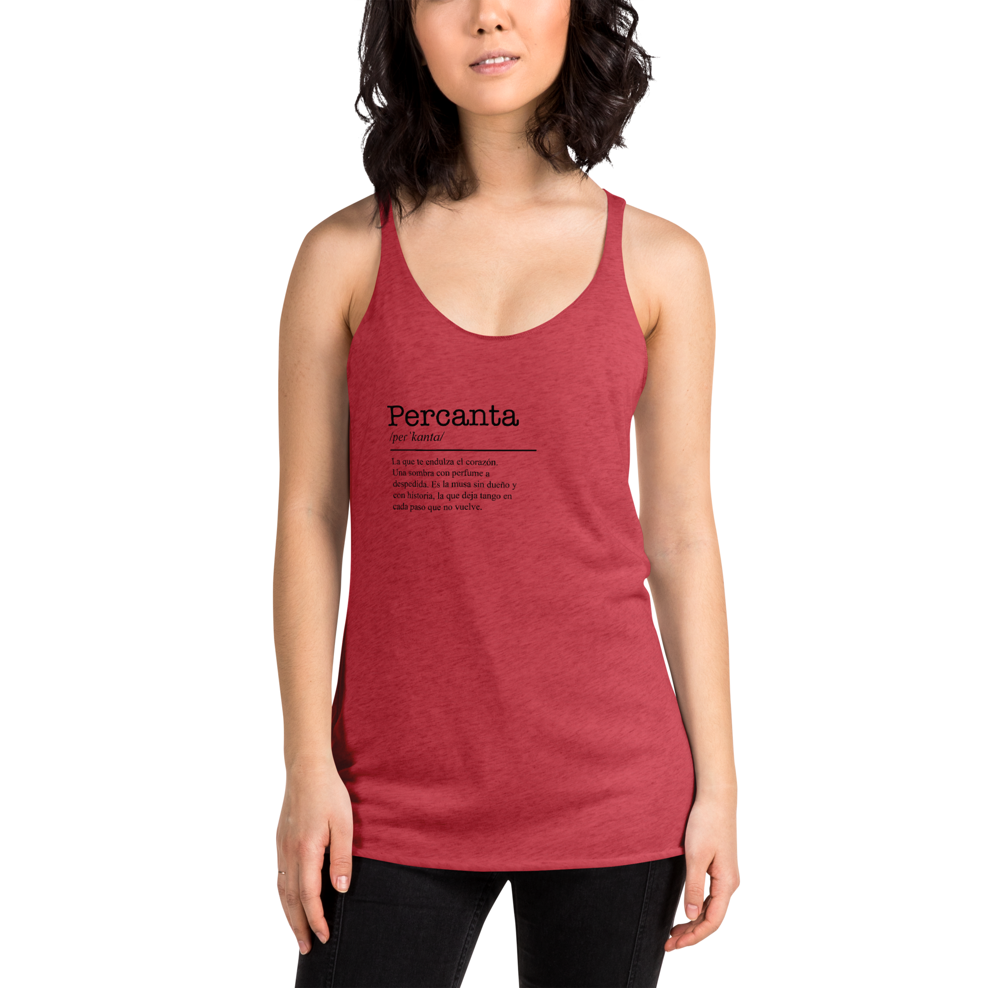 Red tank top with 'Percanta' text on a white background