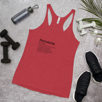 Red tank top with text, surrounded by fitness items on a gray surface