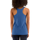 Person wearing a blue tank top on a white background