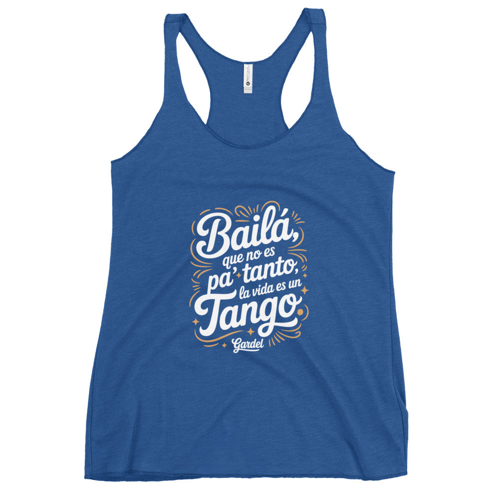 Blue tank top with white and yellow text on a white background
