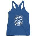 Blue tank top with white and yellow text on a white background