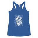 Blue tank top with white text on a white background