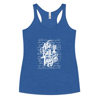 Blue tank top with white text on a white background