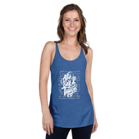 Woman wearing a blue tank top with white text on a white background