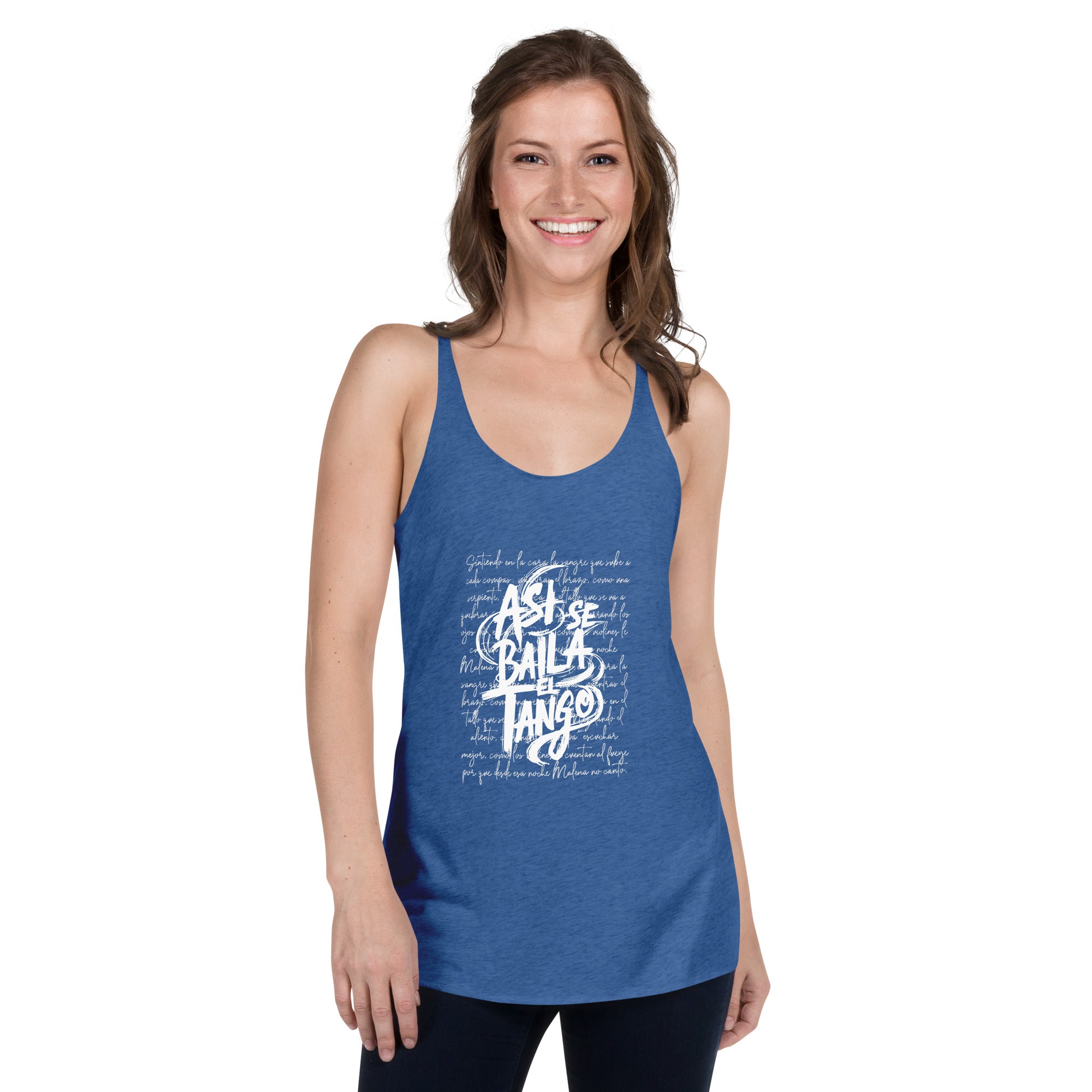 Woman wearing a blue tank top with white text on a white background