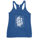 Blue tank top with white text design on a white background