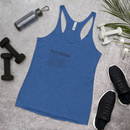 Blue tank top with text, dumbbells, water bottle, and sneakers on a gray surface