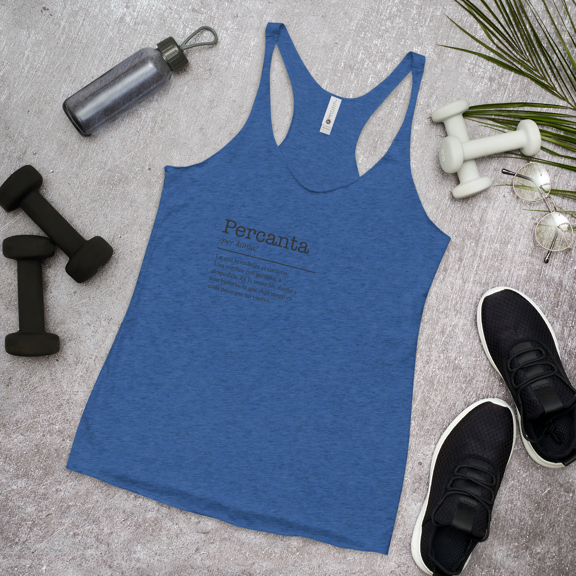 Blue tank top with text, dumbbells, water bottle, and sneakers on a gray surface