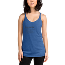 Woman wearing a blue tank top with text on a white background