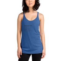 Woman wearing a blue tank top with text on a white background