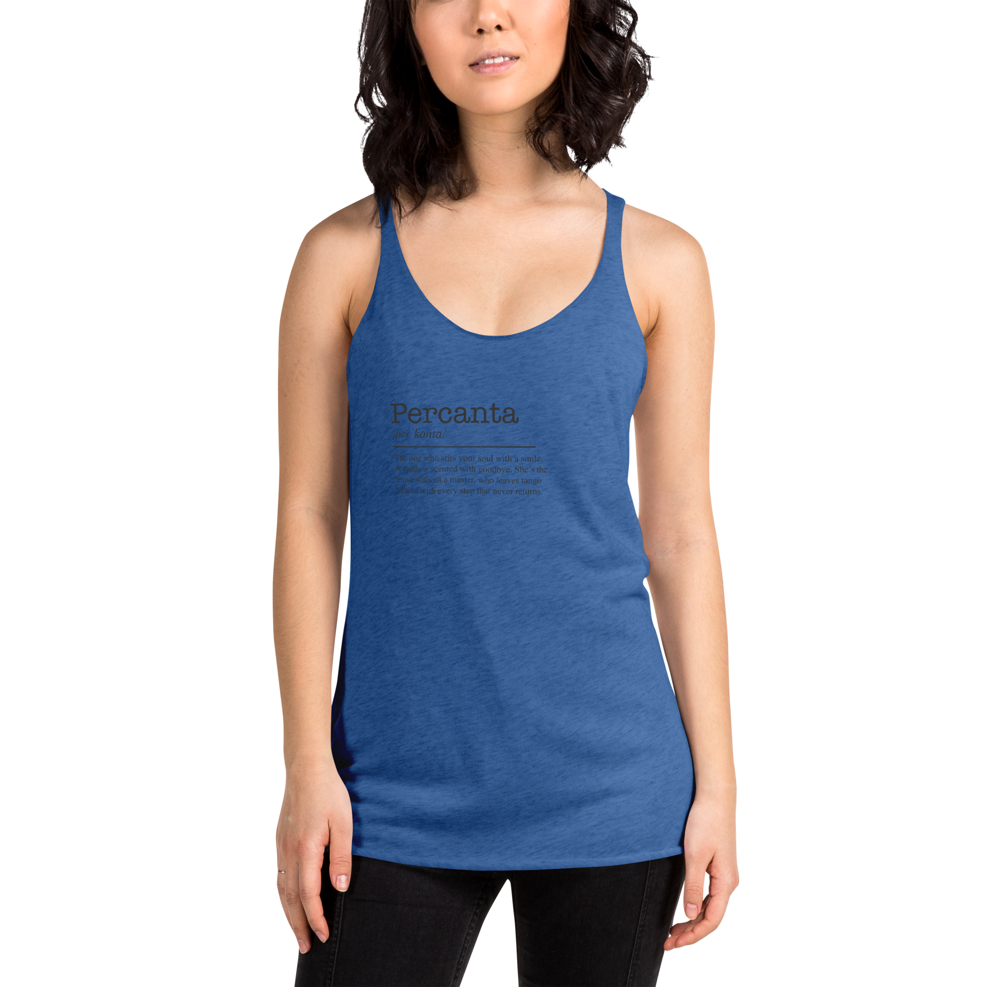 Women's royal blue racerback tank top front view