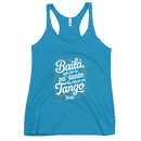 Blue tank top with white and yellow text on a white background