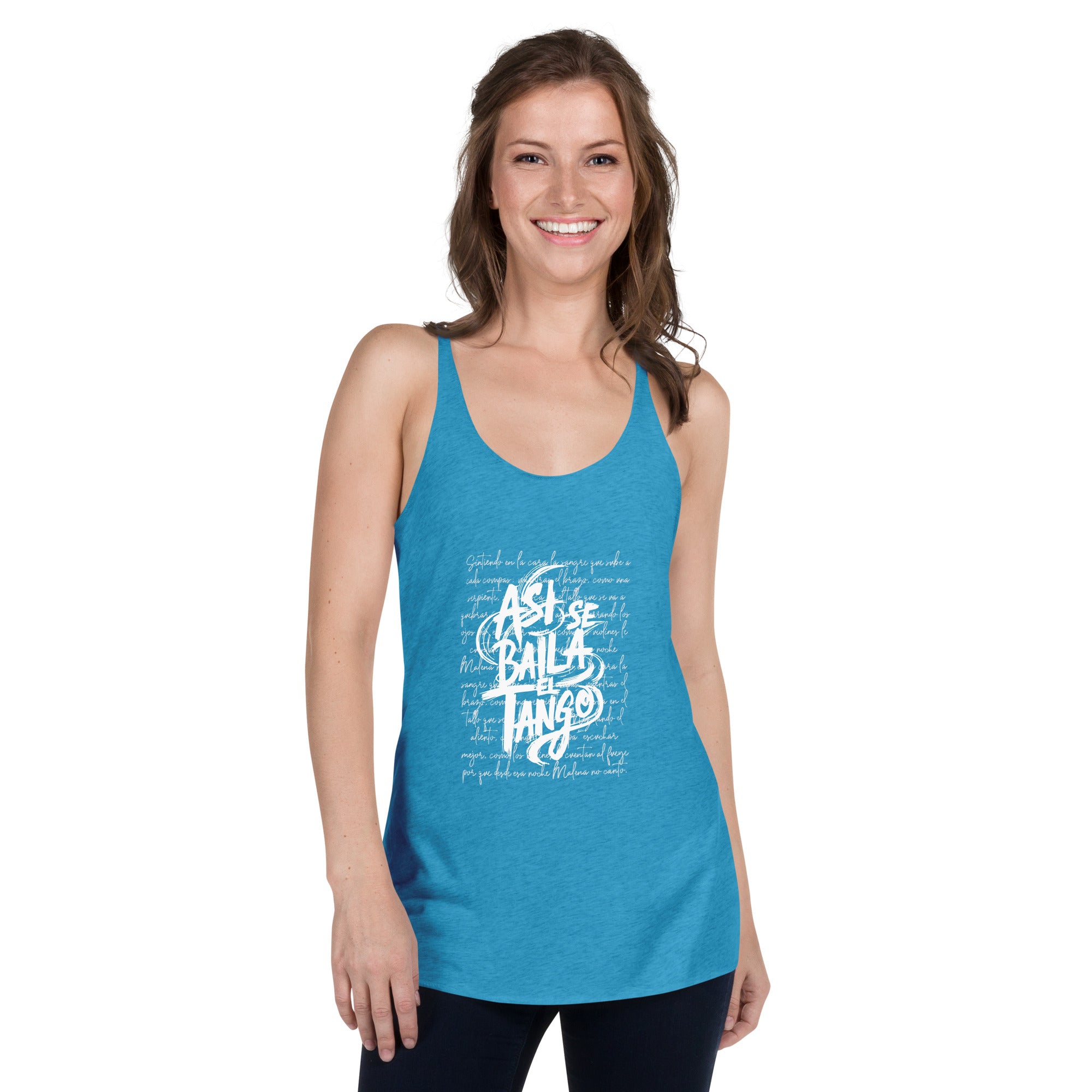 Woman wearing a blue tank top with white text on a white background