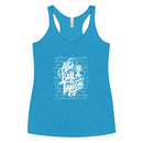Blue tank top with white text on a white background