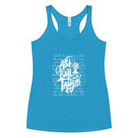 Blue tank top with white text on a white background