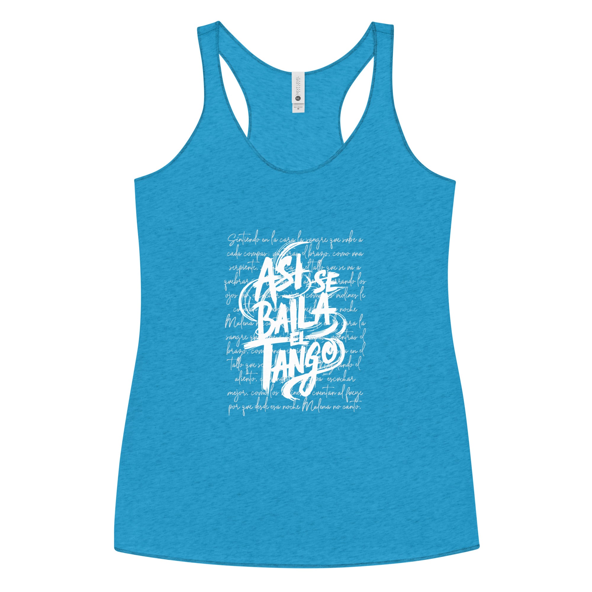 Blue tank top with white text on a white background
