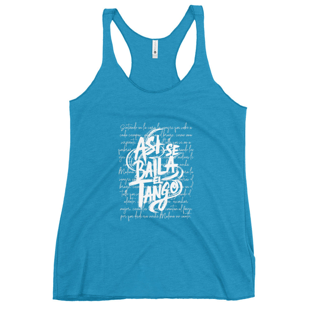 Blue tank top with white text on a white background