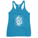 Blue tank top with white text on a white background
