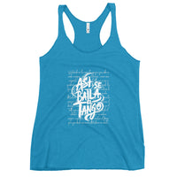 Blue tank top with white text on a white background