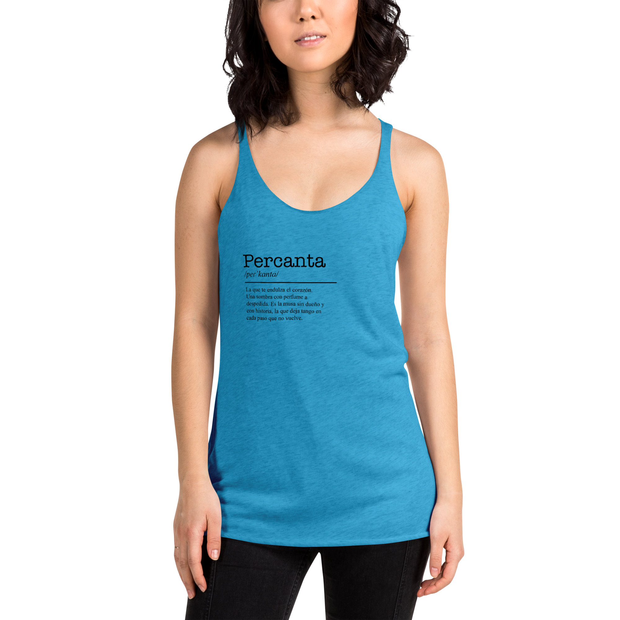 Women's turquoise racerback tank top front view